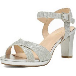 Women’s Open Toe Ankle Strap Sparkly Strappy Chunky Heel Pump silver Sandals